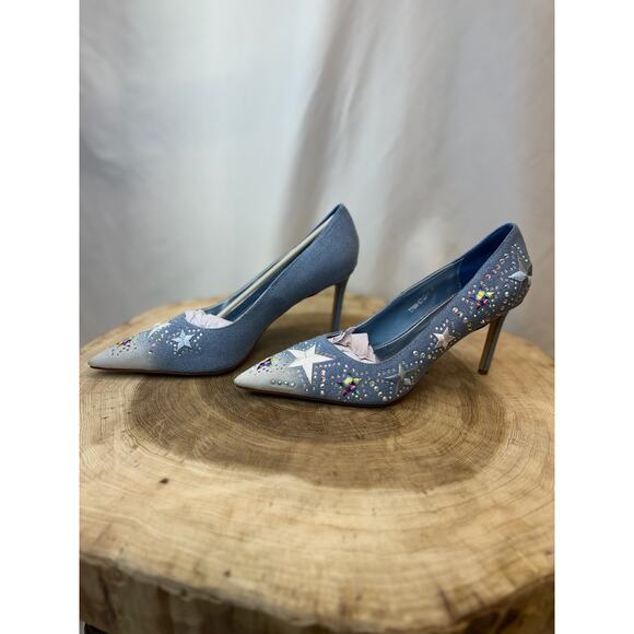 NEW Blue Jean Sparkly Rhinestone Star Embellished Denim Stiletto Heels - Picture 12 of 14